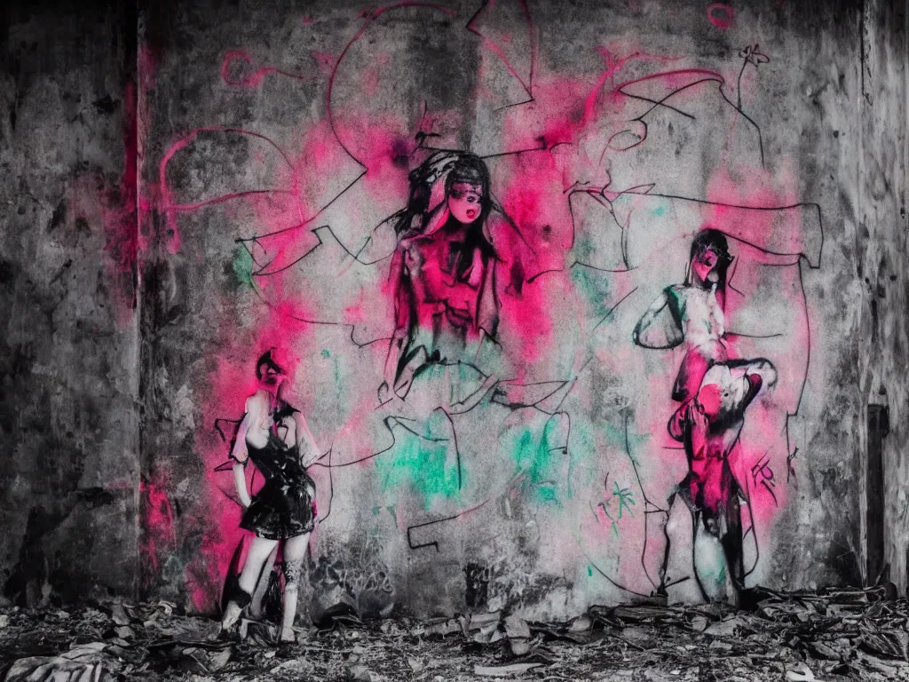 Image similar to graffiti in an abandoned bunker, cute fumo plush gothic black enigmatic maiden girl painted in spilt red ink and washed watercolor, neon light, avant garde pop art, filmic, daylight, captured on canon eos r 6