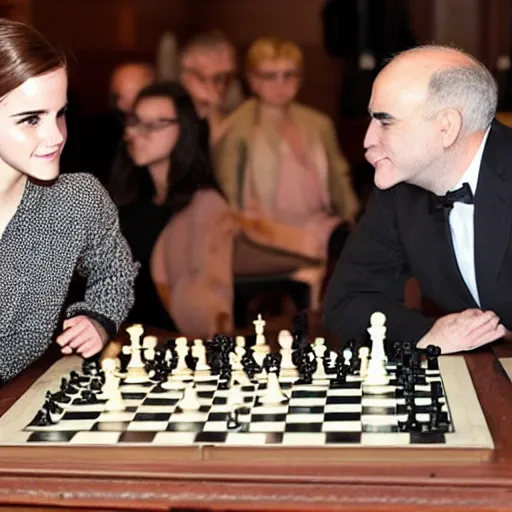 Image similar to emma watson playing chess against gary kasparov and winning!