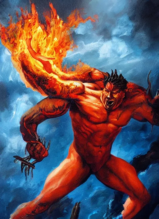 Image similar to the god of fire and brimstone. painting by caelan stokkermans and bogdan rezunenko