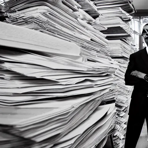 Prompt: obama nervously standing by a mountain of papers, videogame still, portrait, 4 0 mm lens, shallow depth of field, close up, split lighting, cinematic