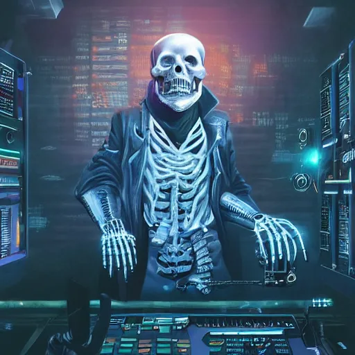 Prompt: a cyberpunk hacker pirate captain skeleton with a pirate hat sitting in front of a crt monitor programming in a dark room, light coming from crt monitor, highly detailed, intricate, digital art, trending on artstation, trending on cgsociety, by greg rutkowski