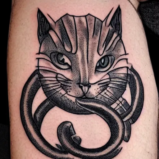 Image similar to one cat biting it's tail, Ouroboros, circle 0f life, tattoo design, designed by Iain McCaig