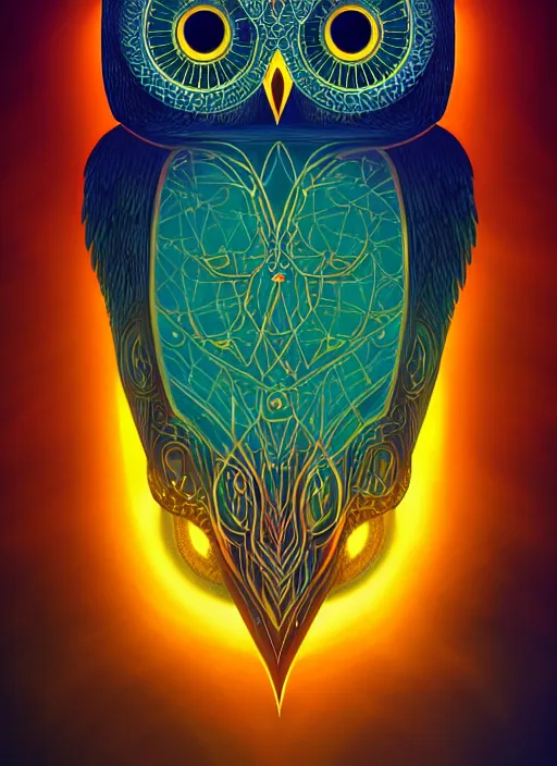 Image similar to symmetry!! product render poster vivid colors divine proportion owl, divine, glowing fog intricate, elegant, highly detailed, digital painting, artstation, concept art, smooth, sharp focus, illustration,