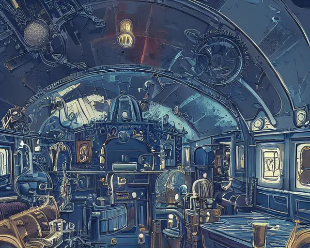 Image similar to steampunk train in space, Style of Ian Hubert