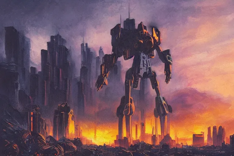 Prompt: landscape acrylic painting of a giant mech EVA standing in the ruins of a burning city at a distance, neon genesis evangeline, photorealistic highly detailed acrylic matte painting wide angle