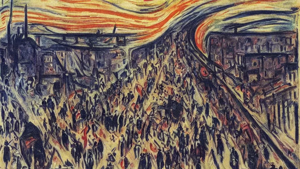 Prompt: the pain and chaos of a town being bombed on market sunday, painting by edvard munch