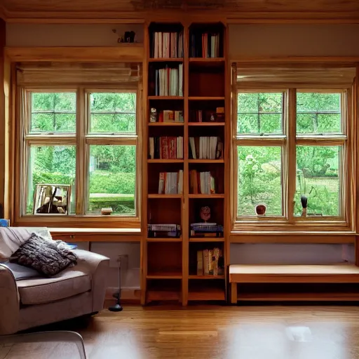 Prompt: a peaceful room with a desk and bookshelves, calm and serene, with rain visible through the windows of the room.