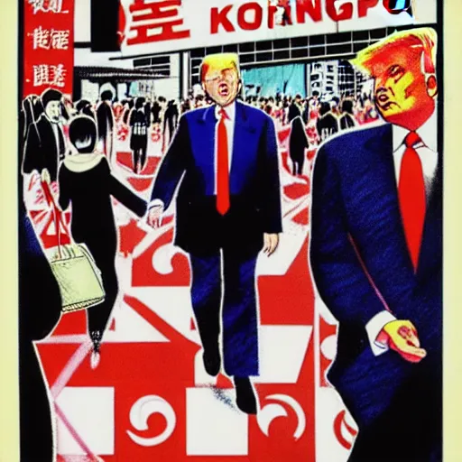 Image similar to glossy old advertising poster, donald trump walking through crowded hong kong street, vendors, drawn comic by junji ito, pastels, gradient