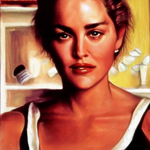 Image similar to young Sharon Stone at a diner, head and shoulders portrait, extremely detailed masterpiece, Roger Deakin’s cinematography, oil on canvas, Norman Rockwell.