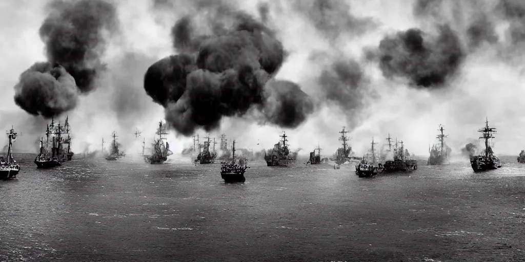 Image similar to naval battle between steampunk cruisers, bombshells firing, clouds of smoke, wide shot, high res, 120 black and white film