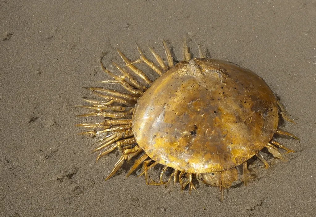 Prompt: A photo of a horseshoe crab made of gold in the beach