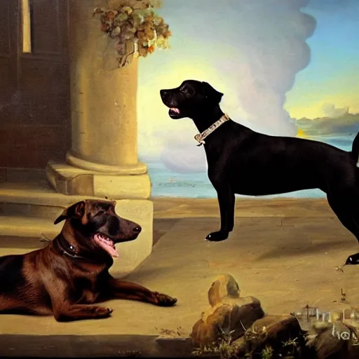 Image similar to black pitbull meets a brown and white Jack russell terrier at the gates of heaven, oil paining, detailed