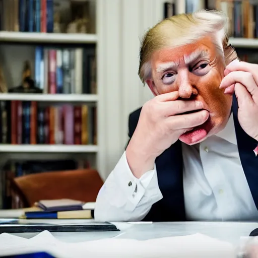 Prompt: candid portrait photo of president trump at his desk shoving crumpled papers into his mouth, chewing paper, eating paper, detailed portrait, 4 k, megapixel, sony a 7 s, f / 8, 2 4 mm lens