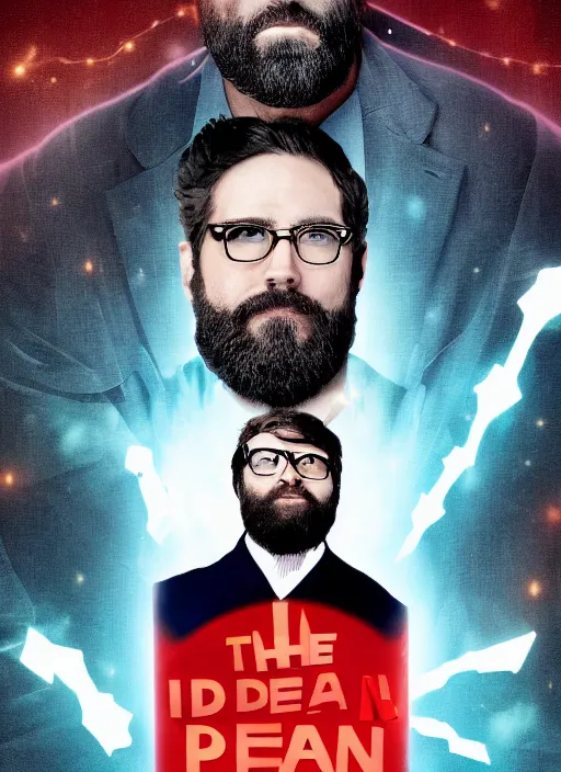 Prompt: the idea man, a poster for a hollywood superhero film featuring a bearded man with glasses as the idea man. perfect anatomy, many characters, faithfully depicted facial expression, cinematic lighting, detailed and intricate, flashy, vivid, jawdropping