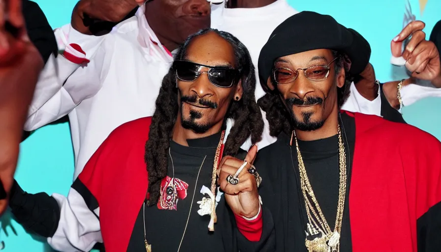 Image similar to Snoop Dogg smiles sweetly, with big red eyes