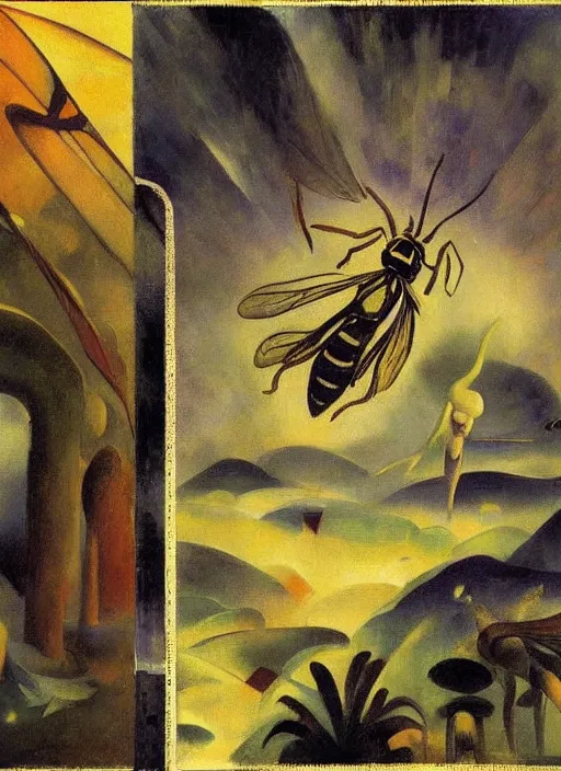 Image similar to photo of a crazy wasp, warped reality, bizarre, fantasy landscape, art by andreas achenbach, august macke, alice bailly, alison geissler