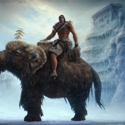 Prompt: A tribe's man riding on a hairy mammoth during a snow storm in ancient egypt , extra detailed, by Makoto Shinkai and thomas kinkade, digital painting, Matte painting, trending on artstation and unreal engine