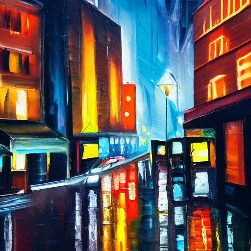 Image similar to city streetscape, dark road with cars, people at night, tall buildings with shops below at street level, neon lights above shops, headlights and stop lights illuminating surroudings, raining, very dark lighting, abstract oil painting