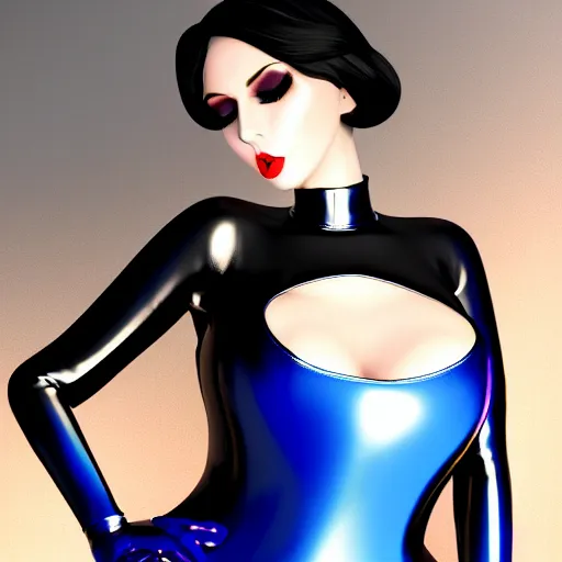 Prompt: a feminine curvy pale hot goth sweetie wearing a royal blue-silver-gold-black latex-nylon high-neck dress, dark eyeshadow, eyelashes, cgsociety, photorealistic, sublime-hyperadvanced-amorous ambience, 16k, smooth, sharp focus, trending on ArtStation, volumetric lighting, fully clothed, thin waist