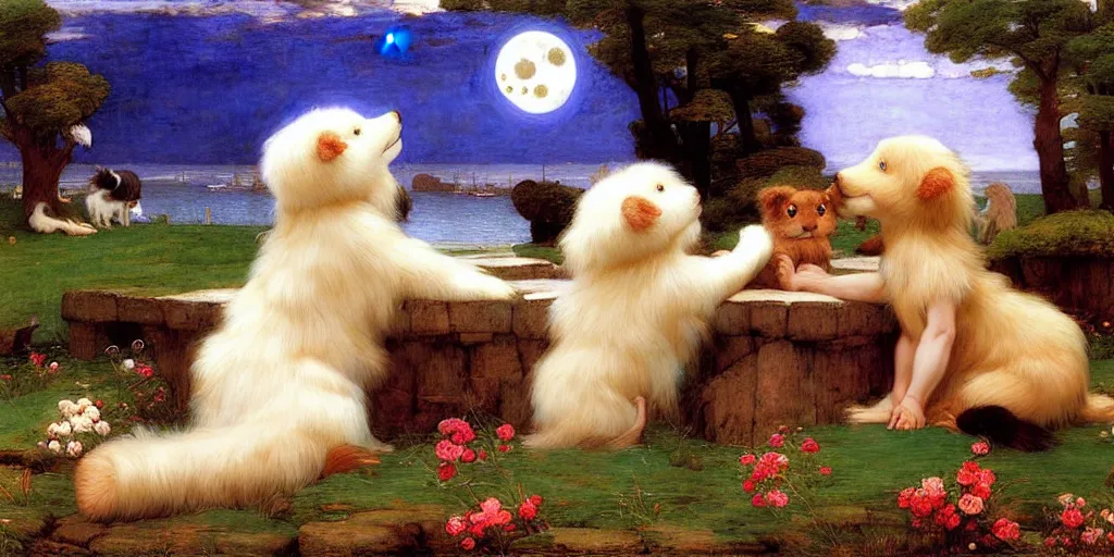 Prompt: 3 d precious moments plush animal, realistic fur, moonrise by the sea, master painter and art style of john william waterhouse and caspar david friedrich and philipp otto runge