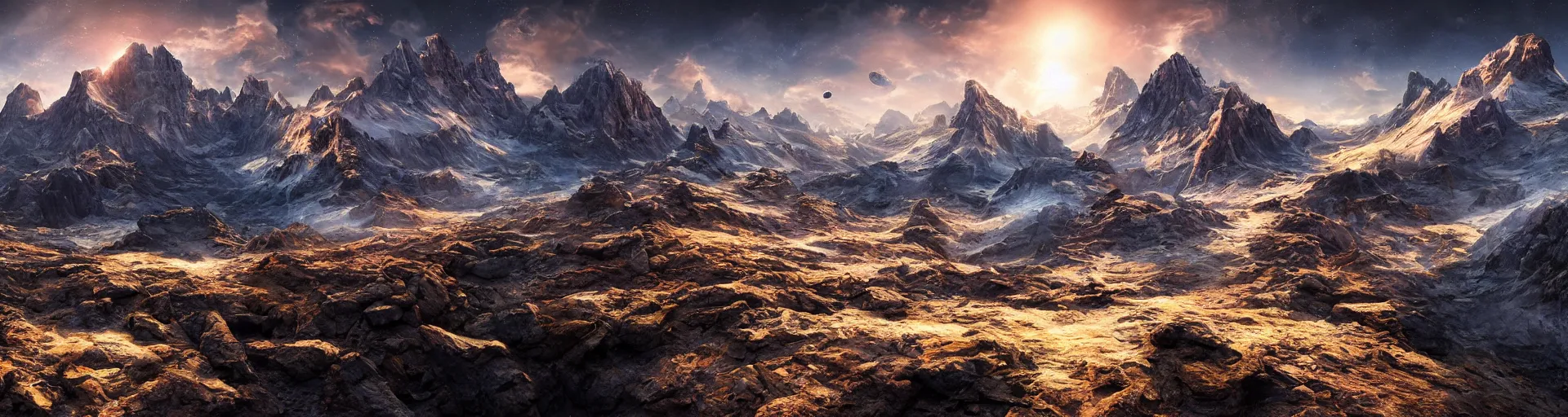 Image similar to beautiful alien planet mountain landscape, art, high detail, high definition, photorealistic, hdr,