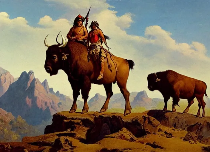 Image similar to native american riding bison, buffalo, native american warrior, mountain range, beautiful sky, standing on the edge of a cliff, 1 9 th century, painted by frazetta