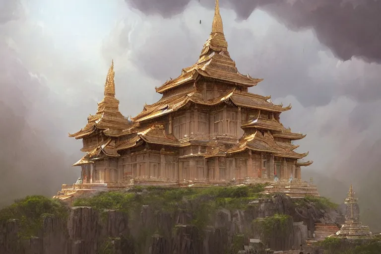 Image similar to a fantasy digital painting of a temple in the clouds, by Greg Rutkowski and James Gurney, trending on Artstation, highly detailed