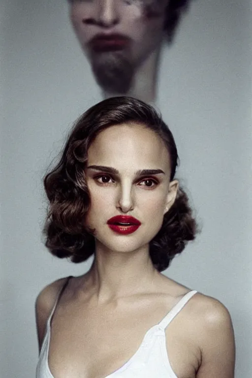 Image similar to 23 year old natalie portman making stupid faces, dressed like a clown from the 40s, loose messy hair , thoughtful eyes, wearing a thin white skimpy cotton camisole, pale skin, poised beautiful body, symmetrical face, zen aesthetic, interior design, amber and blue color scheme, sophisticated, pensive, contemplation, meditation, aloof, ethereal, realistic painting