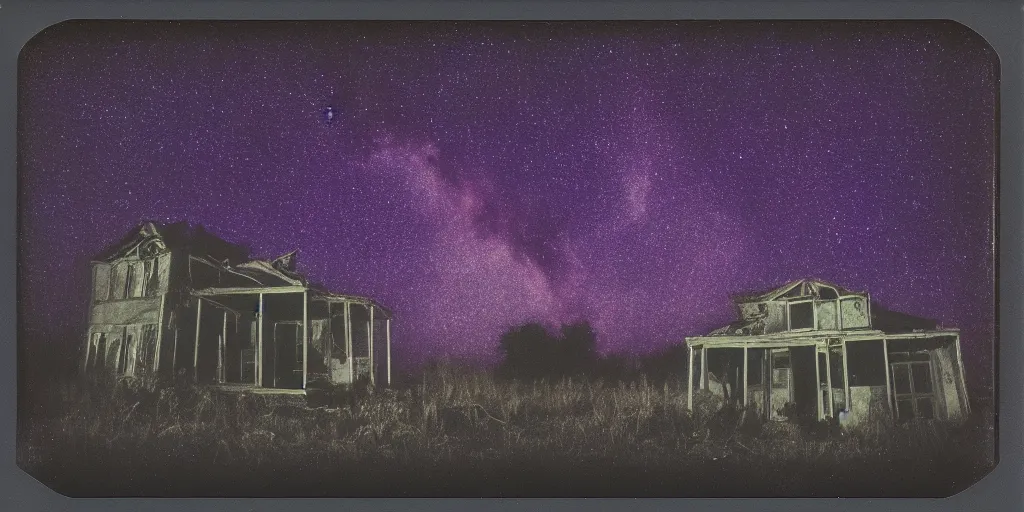 Image similar to polaroid photo of an abandoned house on a wasteland, deep purple starry sky, slight color bleed, grain