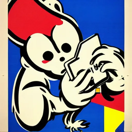 Prompt: retro poster of a mischievous monkey holding a / mobile phone /, bright colors, advertising art, pop art, roy fox lichtenstein