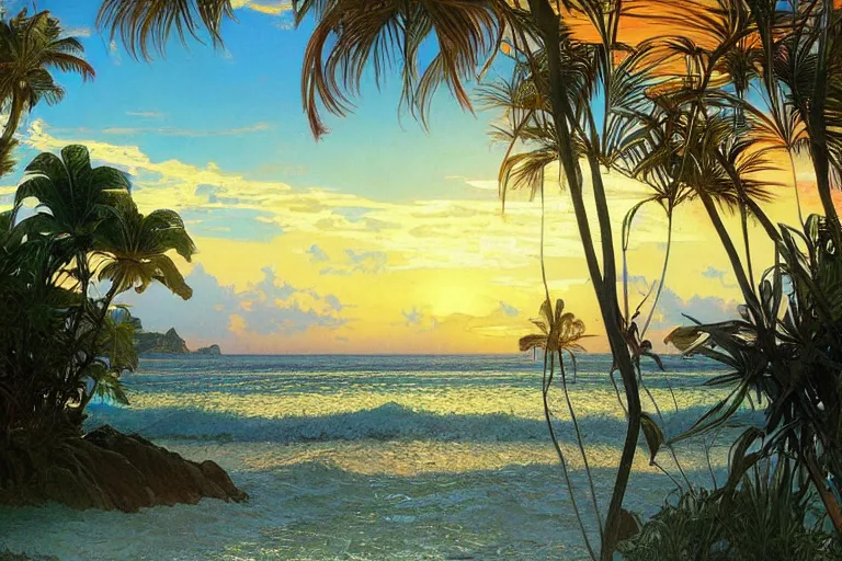 Prompt: a beautifully detailed painting of a caribean tropical shoreline, tranquil waters, sunset, hyperdetailed, worth1000.com, by Greg Rutkowski, by Alphonse Mucha, artgerm, cgsociety, serenity,