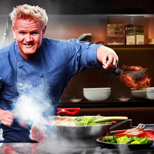 Image similar to hyper real Gordon Ramsey cooking a unicorn in kitchen 4k