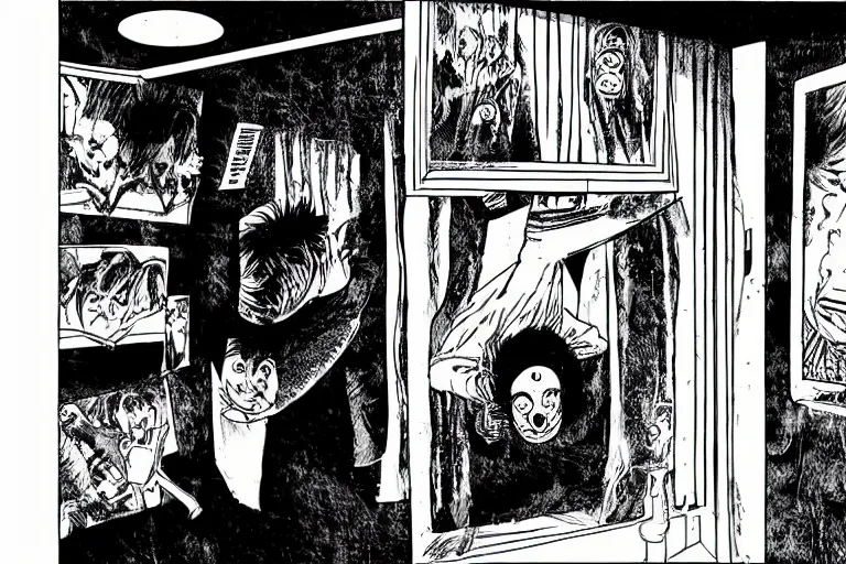 Prompt: desperate man in a upside down room, comic panel, horror, art by junji ito