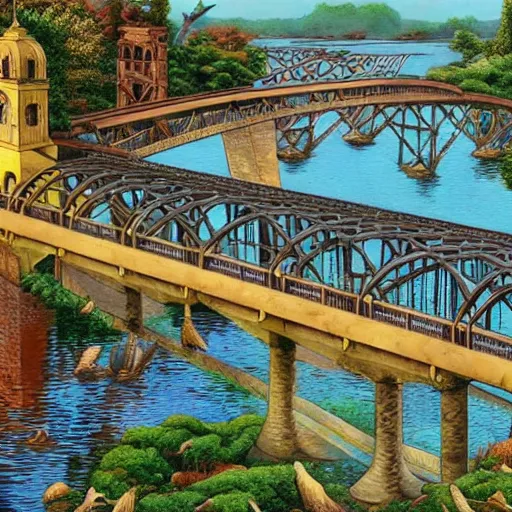 Prompt: a marvel of engineering, full color, realistic, escher, environmental, architectural, bridge, stonework, bright