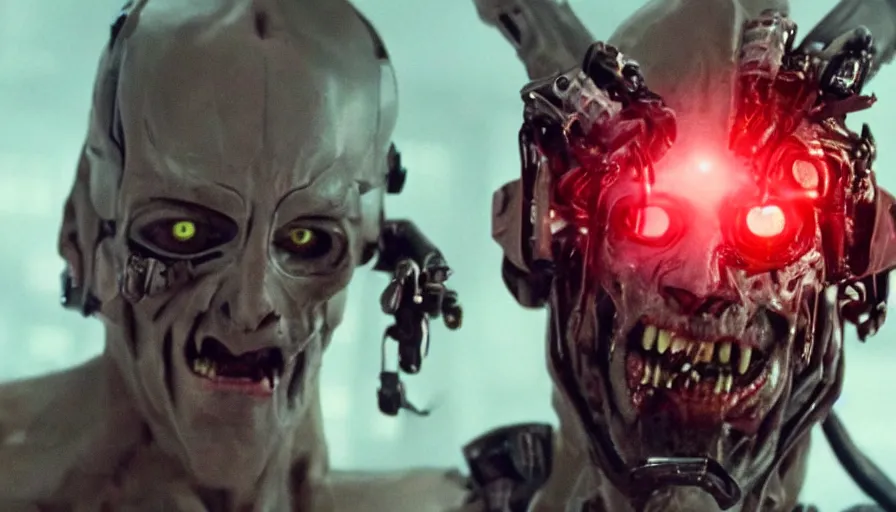 Prompt: Big budget movie about descarte's evil demon ripping off a cyborg's head