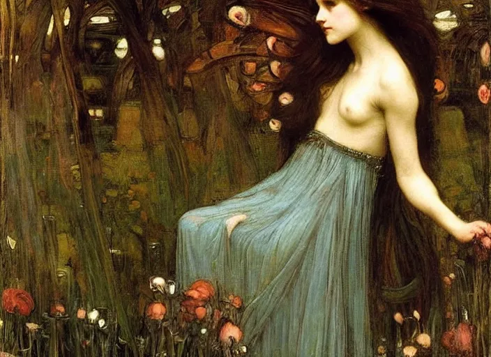 Prompt: a masterpiece painting of a beautiful, lean faerie queen by john william waterhouse, symmetrical, muted colors