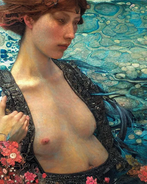 Prompt: close up of a beautiful woman under water with colourful intricate, by edgar maxence and caravaggio and michael whelan and delacroix style, artistic, intricate drawing, light brazen, realistic fantasy, extremely detailed and beautiful aesthetic face, 8 k resolution, dramatic lighting