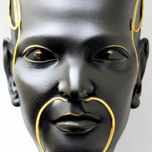 Prompt: perfect statue of beautiful evil face made from black marble with gold, by johannes voss