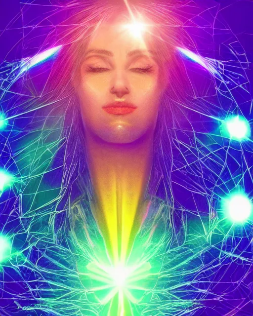 Prompt: solar lens flare, crystal reflections, rainbow light, sharp lines, thick black ink, detailed woman's face