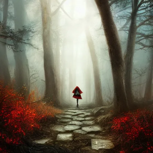 Image similar to highly detailed digital matte painting of little red riding hood walking through a dark foggy forest path, grimdark atmosphere, and volumetric light. trending on artstation, luis royo