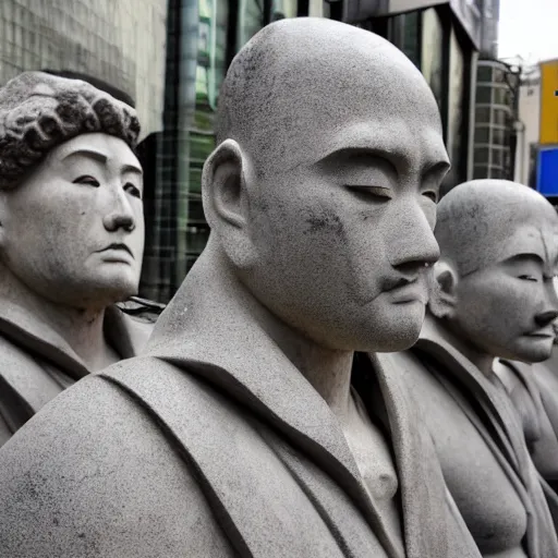 Prompt: everyone on the streets of japan suddenly turned into stone statues, the situation was eerie and silent