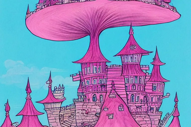 Prompt: a drawing of a pink and blue castle, a storybook illustration by dr seuss, tumblr, psychedelic art, concept art, storybook illustration, whimsical