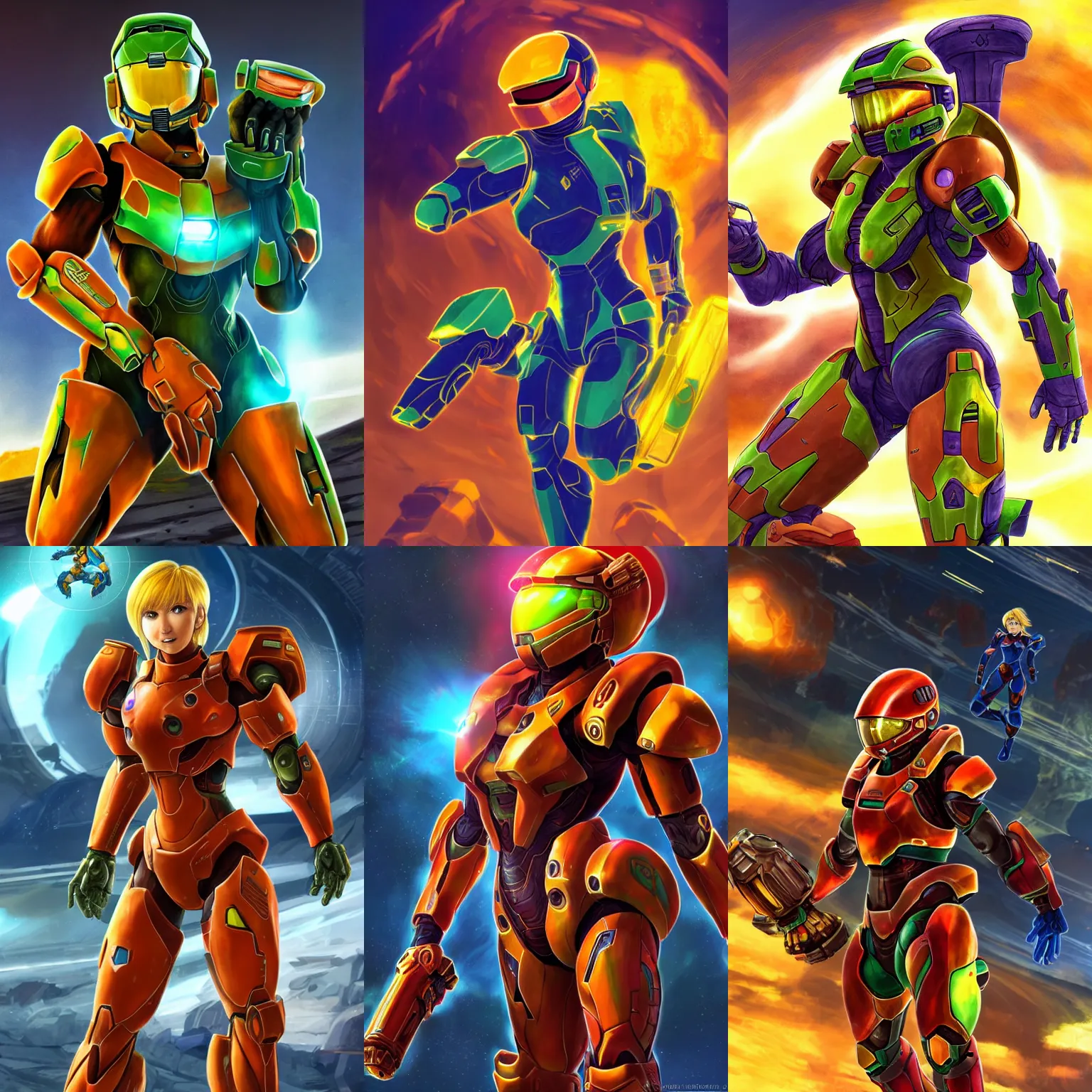 Prompt: character portrait of samus aran metroid wearing halo spartan mjolnir armor combined with varia suit running across salt flats, video game, concept art, metroid, halo infinite, good value control, vibrant colors, yellow and orange color scheme, masami suda