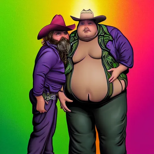 Image similar to hyperreal morbidly obese 2000kilo snake oil salesman wearing authentic purple green sip tech cowboy augmentation and curly snake moustache, fat man standing in front of blank background