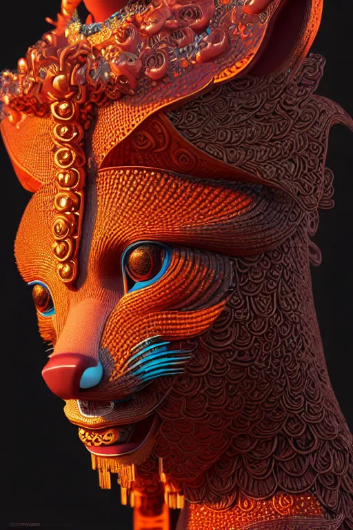 Image similar to 3 d goddess close - up profile portrait. beautiful intricate highly detailed korean fox mask and traditional korean hanbok. stingray, magpie, bio luminescent, plasma, lava, ice, water, wind, creature, artwork by tooth wu and wlop and beeple and greg rutkowski, octane 3 d render