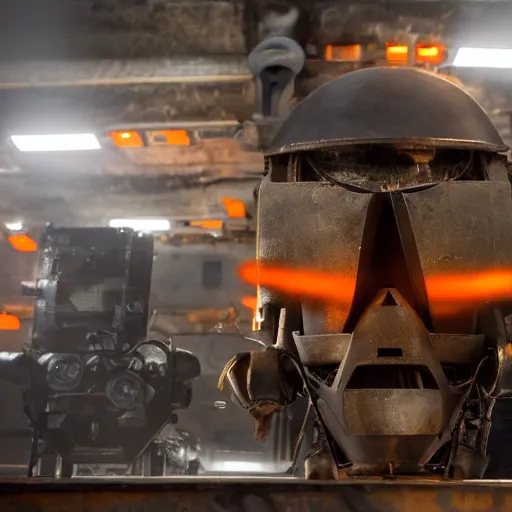 Image similar to toaster oven mecha head, dark messy smoke - filled cluttered workshop, dark, dramatic lighting, orange tint, sparks, cinematic, highly detailed, sci - fi, futuristic, movie still