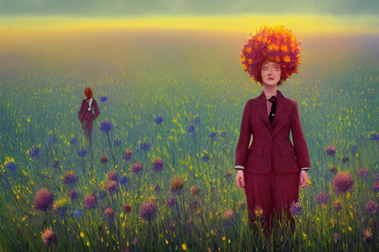 Prompt: mighty thistle flower under head, a girl in a suit in field of flowers, surreal photography, sunrise, blue sky, dramatic light, impressionist painting, digital painting, artstation, simon stalenhag