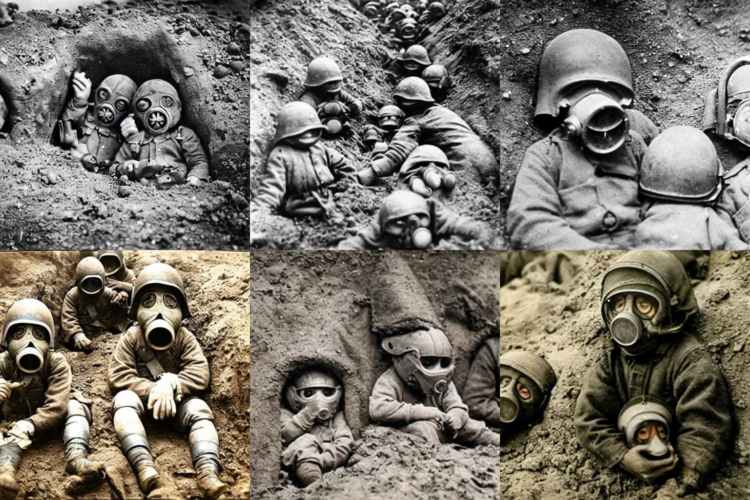 Prompt: babies inside of the trenches of WW1, they have gas masks, 8k, colorized photo