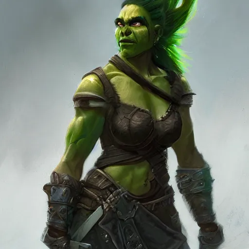 Image similar to a full bodied character portrait of a green orc warrior woman in full plate armor bald with a ponytail, by greg rutkowski, wlop, astri lohne, wei wang, trending on artstation