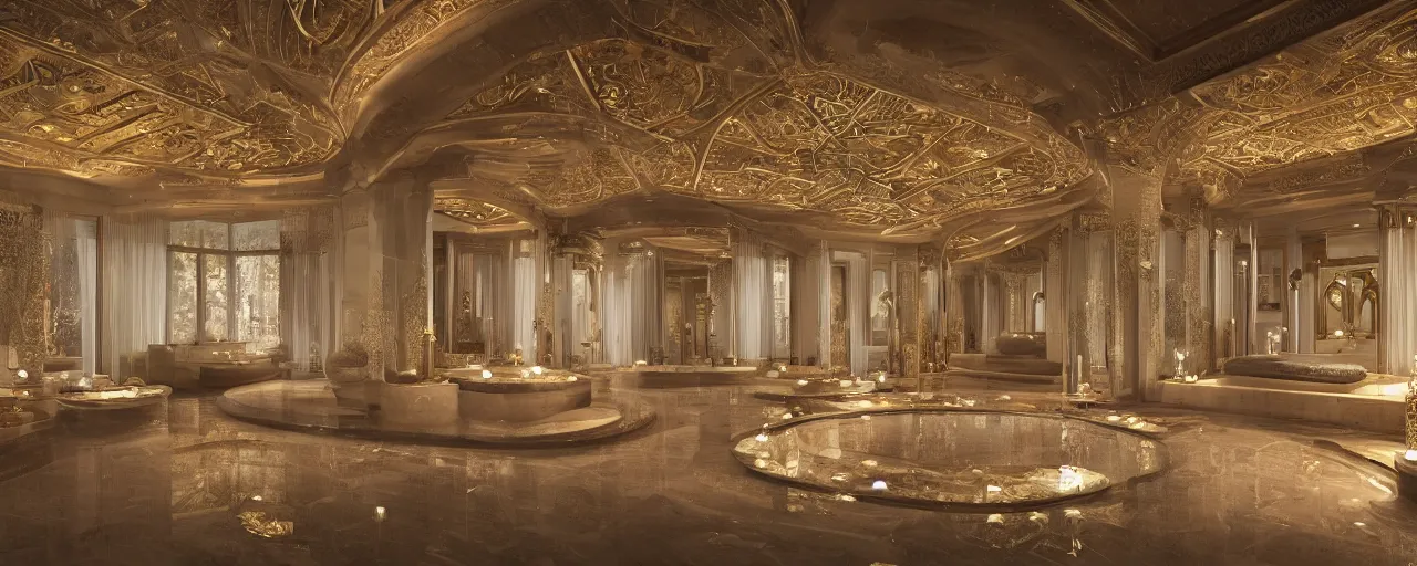 Prompt: photo of a cinematic interior of a triple height hyper luxury spa with everything made of gold, candles, windows with view to desert mountains and river, beige stone marble floor with reflection, small wellness relaxation pool, intricate hieroglyph detailed roof, contemporary design, fractal sacred geometry, 8 k, hyperrealistic, photorealism,